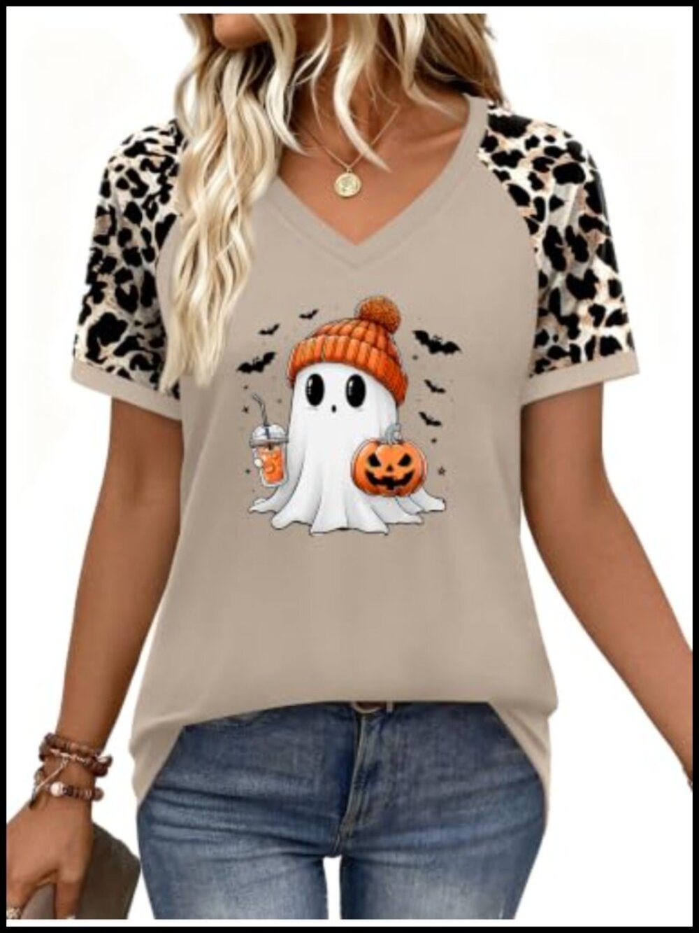 Ghost Halloween V-Neck Tee Leopard Plaid Raglan Women's Short Sleeve